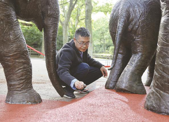 蒋进军在修补基座  记者  王凯  摄上海动物园的版纳"回来了",一岁的