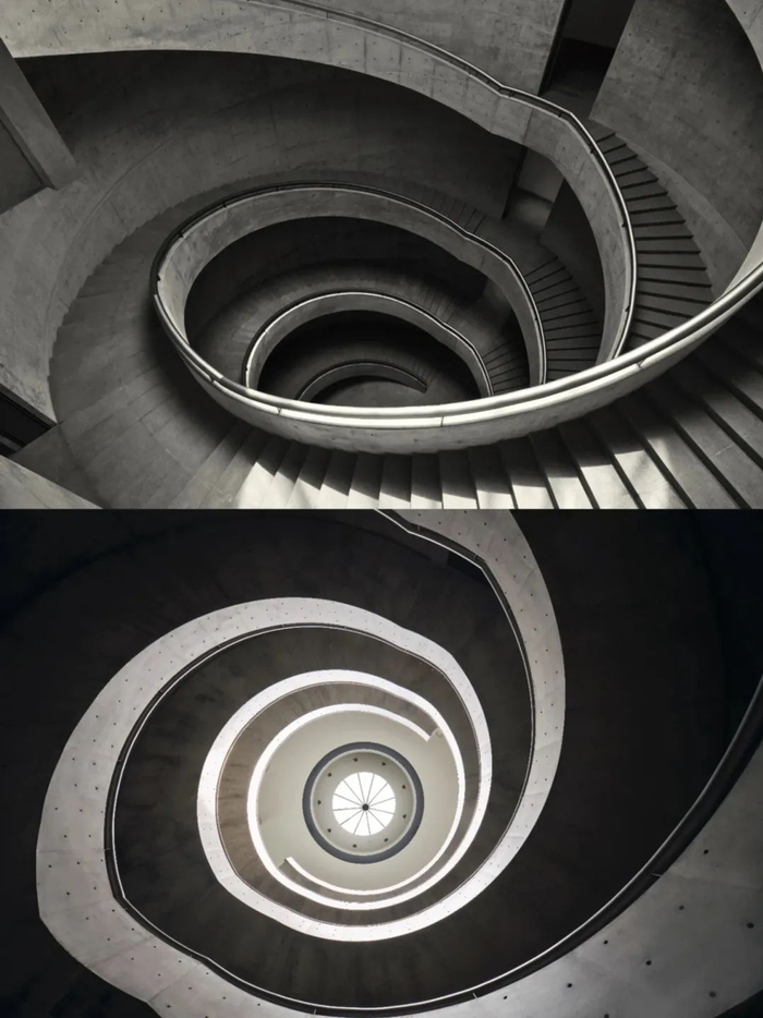 清水混凝土双螺旋楼梯。图源/和美术馆