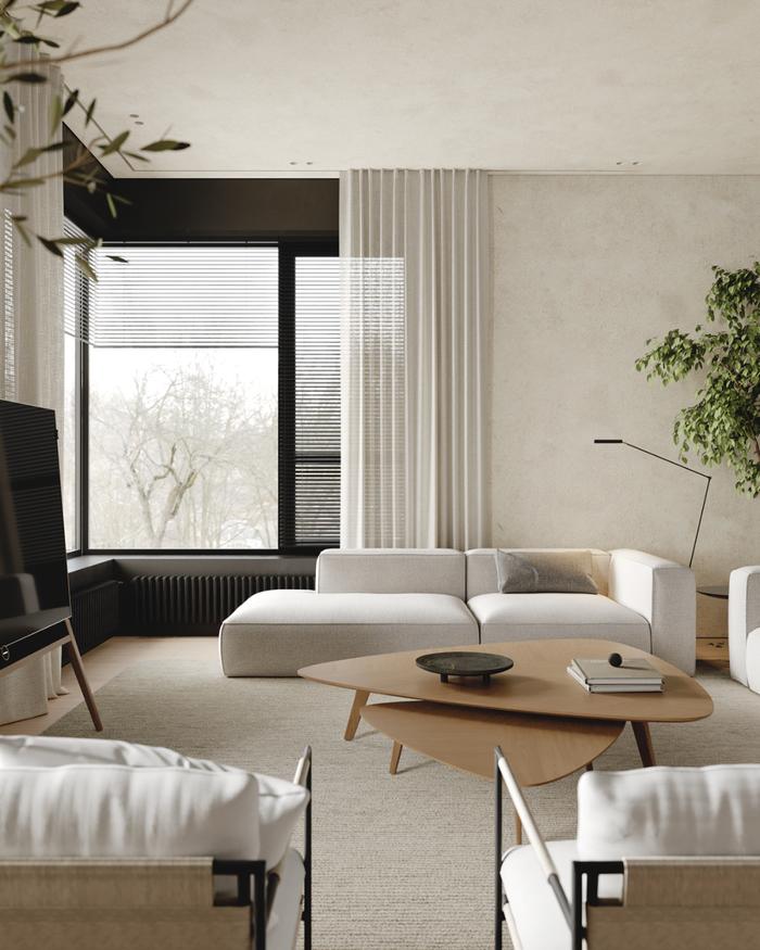灰色的布艺沙发搭配不规则造型的原木茶几,奠定了极简的空间基调