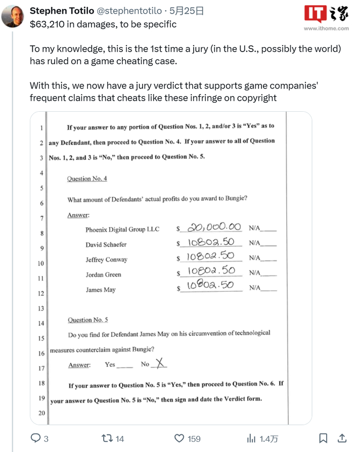 bungie 律师 james barker 称:我们对法官,其工作人员和陪审团的勤勉