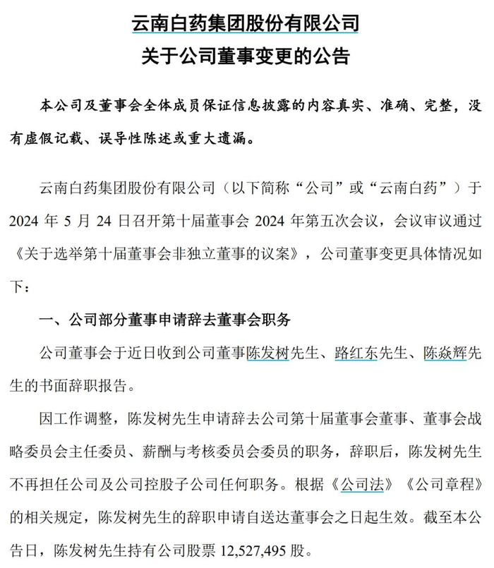 云南白药深夜公告:父子同时辞职!