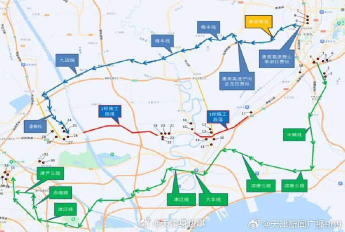 另半幅路面正常通行,封闭施工一侧的通行车辆可绕行京津公路,梅石线