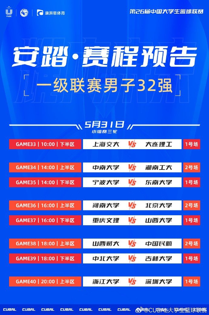 cubal全国大赛明日赛程:中南大学vs湖南工大 河南大学vs北大