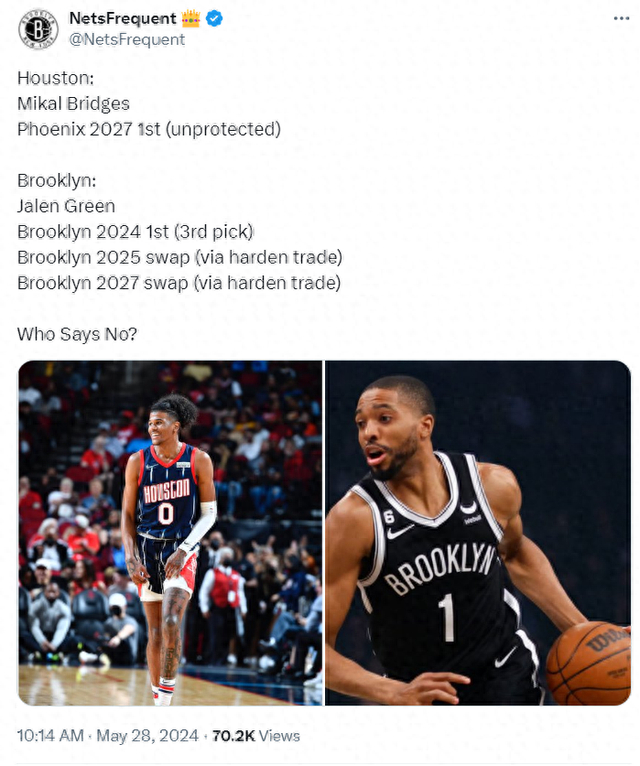 年首轮得到布里奇斯与太阳2027年不保护首轮,也就是将篮网此前哈登交