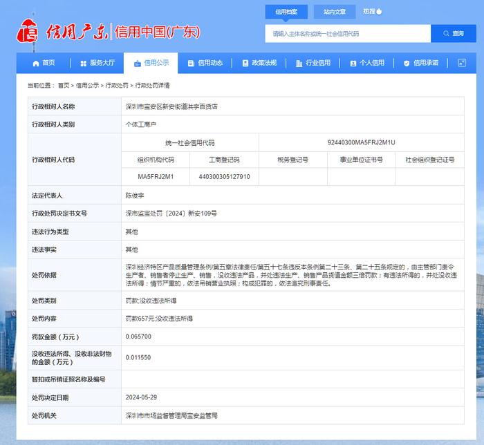 深圳市宝安区新安街道洪宇百货店被罚款657元并没收违法所得