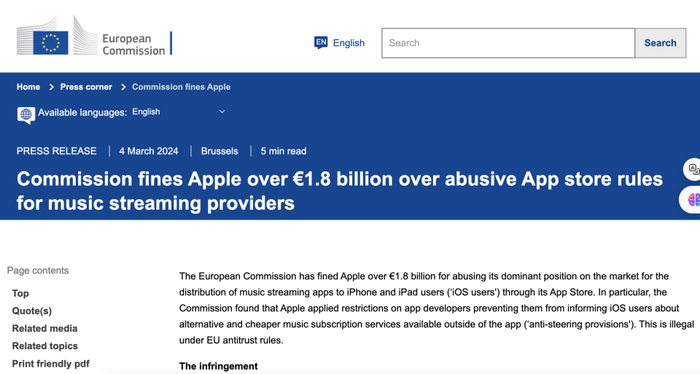 今年3月，欧盟委员会宣布对苹果公司处以18.4亿欧元罚款的通报  图源：腾讯新闻