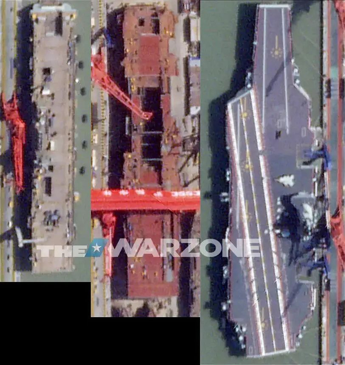 文章将三种舰艇的卫星图像进行对比，此处无法确认其比例是否严谨