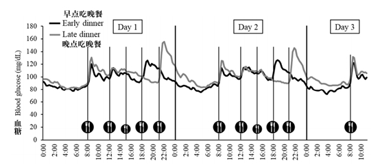 18:00和21:00吃晚餐者三天内的血糖波动变化。研究截图