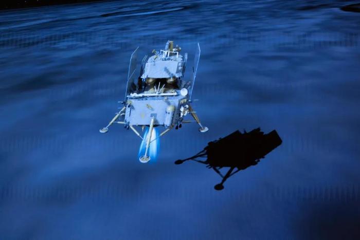这是6月2日在北京航天飞行控制中心屏幕上拍摄的嫦娥六号着陆器和上升器组合体着陆月背的模拟动画画面。（新华社发）