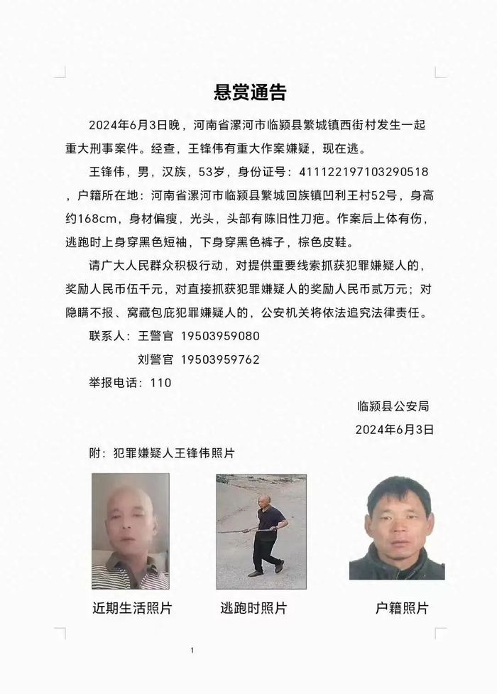 重大刑案嫌疑人在逃!警方发布悬赏通告|通告|临颍县|漯河市_新浪新闻
