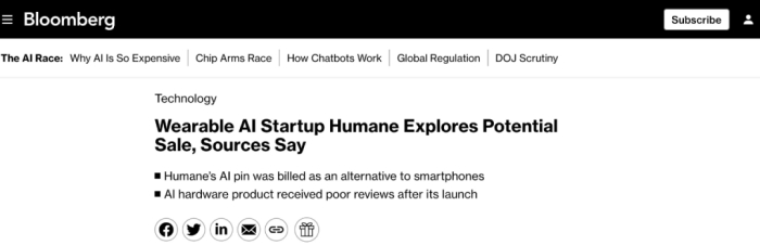彭博社爆料AI pin正在寻求收购，图源：彭博社