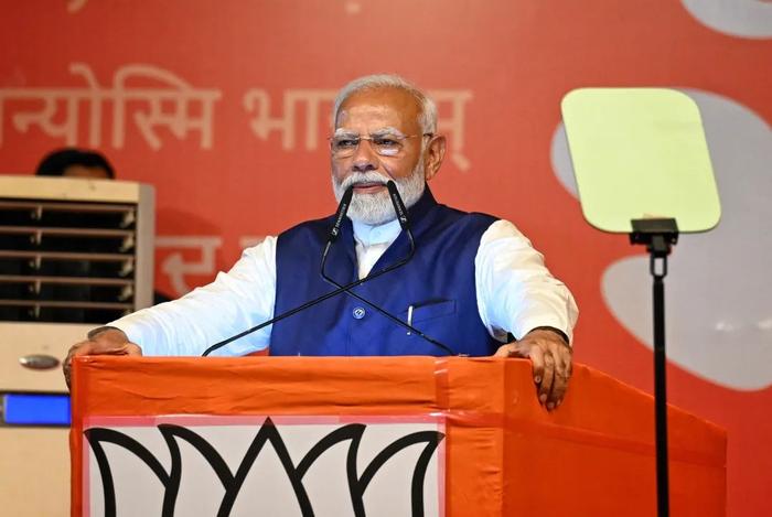 ▲当地时间2024年6月4日，印度新德里，印度总理莫迪发表胜选演讲。图/IC photo