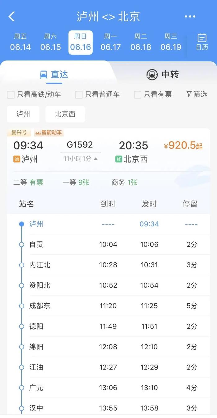 成都东,西安北,郑州东等站,总耗时11小时1分,全程二等座票价最低920