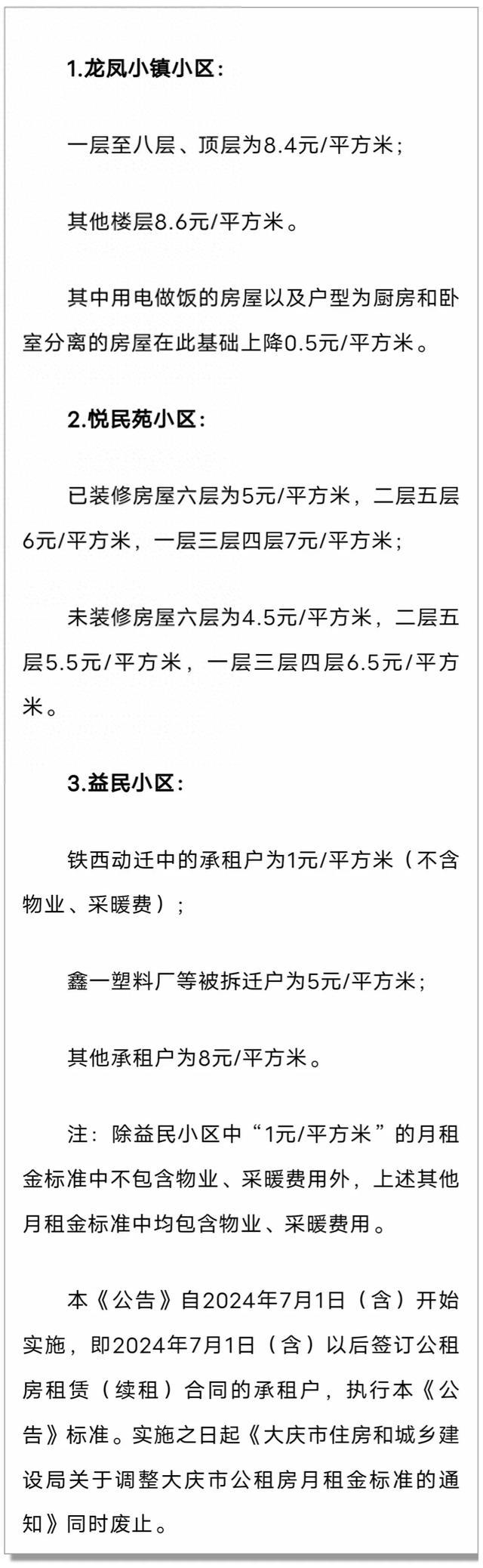 大庆公租房租金标准调整