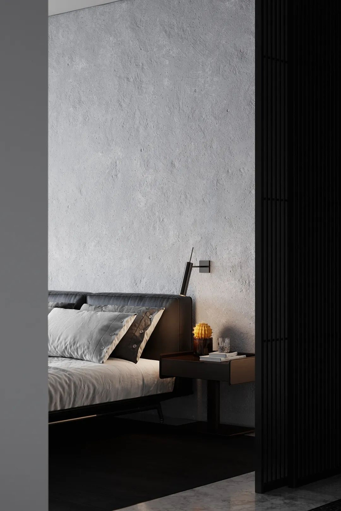 卧室床头背景墙虽为纯白,但不同的是具有丰富的纹理,这便增加空间的