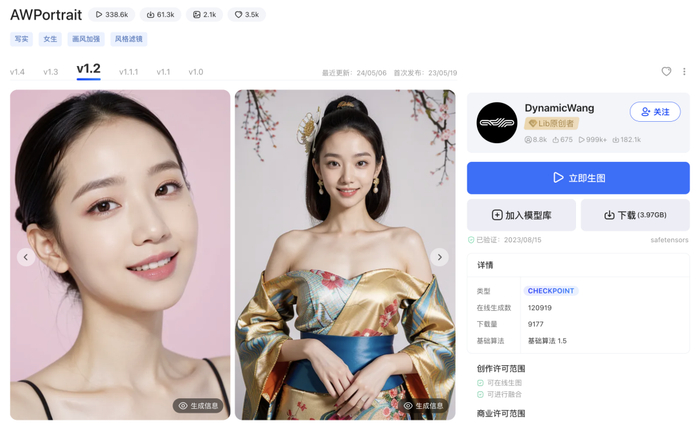 AWPortrait1.2模型介绍页。图源：LiblibAI网站