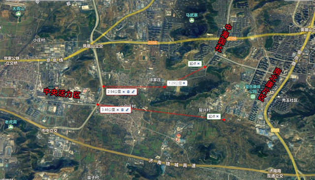 (中央活力区位置图)其次,根据济南的规划,中央活力区向东有两条道路