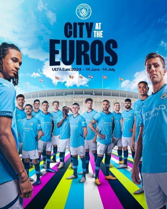 曼城官方晒欧洲杯海报,祝球员们好运!
