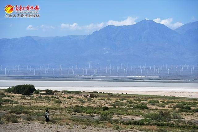在达坂城区盐湖附近,已建成的风电机组(6月12日).