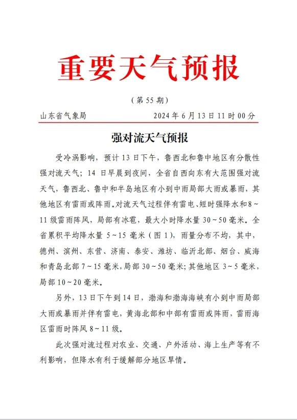今天(6月13日)中午,山东省气象台发布强对流天气预报.