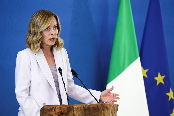 当地时间6月15日，意大利总理梅洛尼举行新闻发布会（澎湃影像）