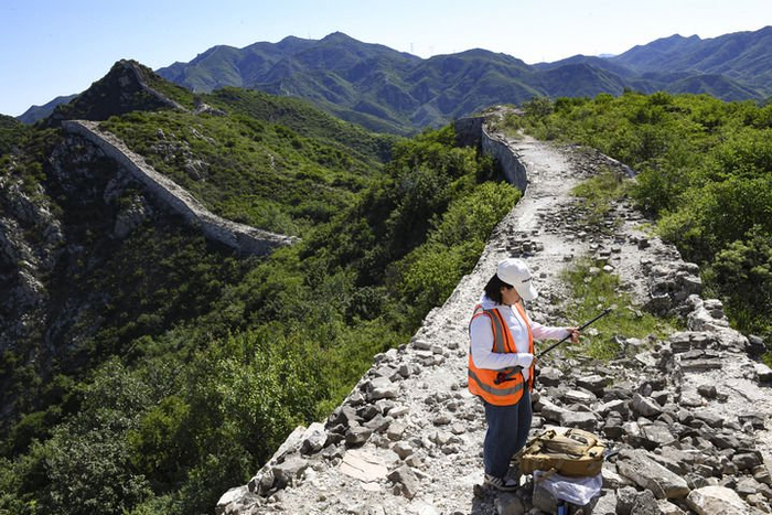 长城保护员刘红岩在石峡村的明长城上巡查（6月1日摄）。新华社记者 陈钟昊 摄