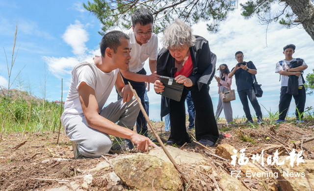 穆言灵查看遗址上的瓦片等，后用纸巾包起来带回家。记者 包华 摄