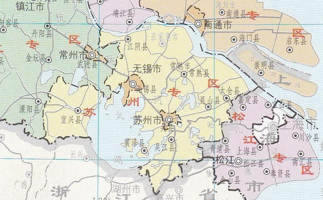 宜兴曾属苏州专区。图片来源于《江苏省行政区划地图集》