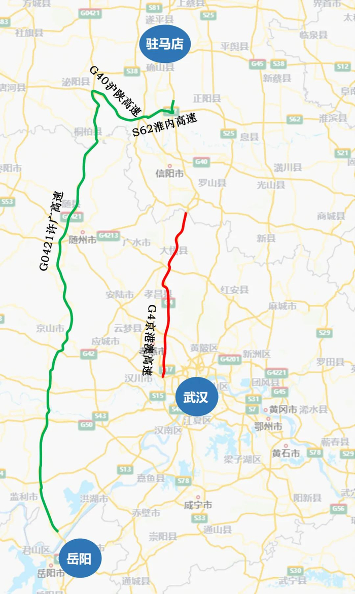 绕行路线一:g4京港澳高速河南段-g40沪陕高速-g45大广高速;南下方向