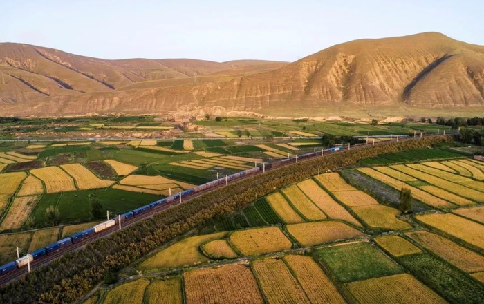 中欧班列从武威市古浪县农田间飞驰而过