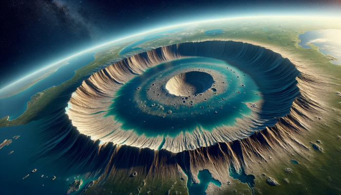 由AI生成的6600百万年前在小行星撞击地球不久后出现的Chicxulub陨石坑。