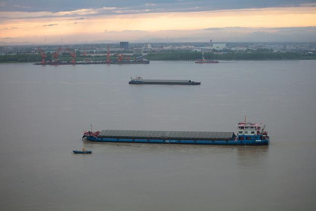 2024年6月30日，长江江西九江段，货运船舶行驶在水位超过警戒线的长江主航道。视觉中国 图