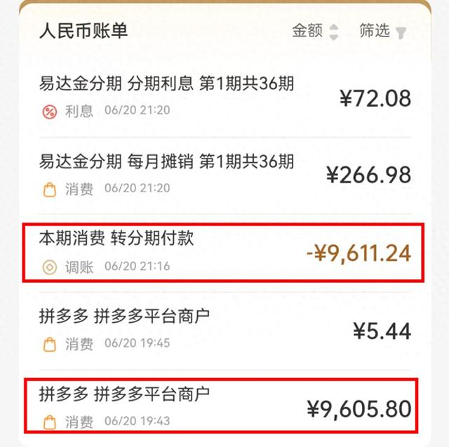 陈先生订单中消费金额被标注“本期消费转分期付款”。受访者供图