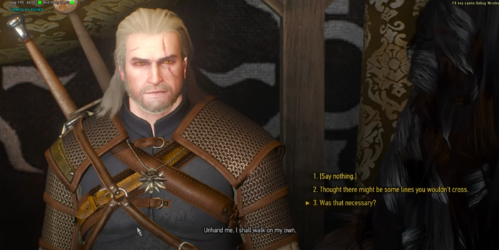 杰洛特亲眼目睹叶奈法的背叛后，由玩家选择当面向叶奈法表达自己的态度