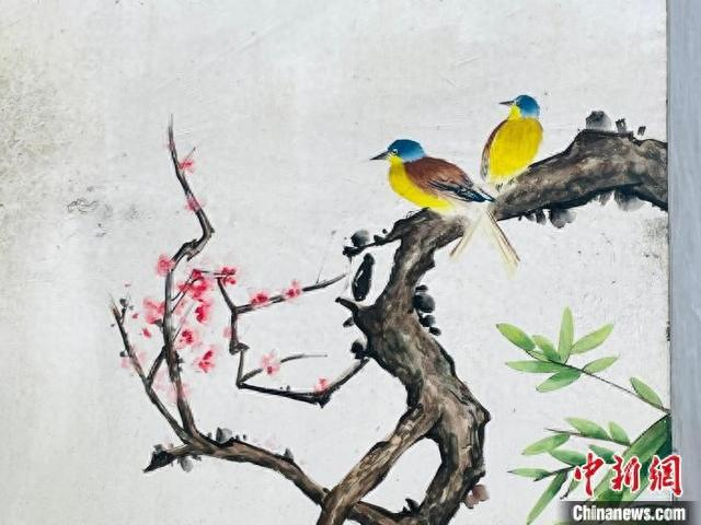 石门村内的蓝冠噪鹛墙绘。资料图