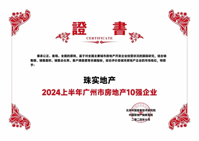 奋楫搏浪 | 珠实地产荣膺2024上半年广州市房地产10强企业TOP4-广州房地产企业排名
