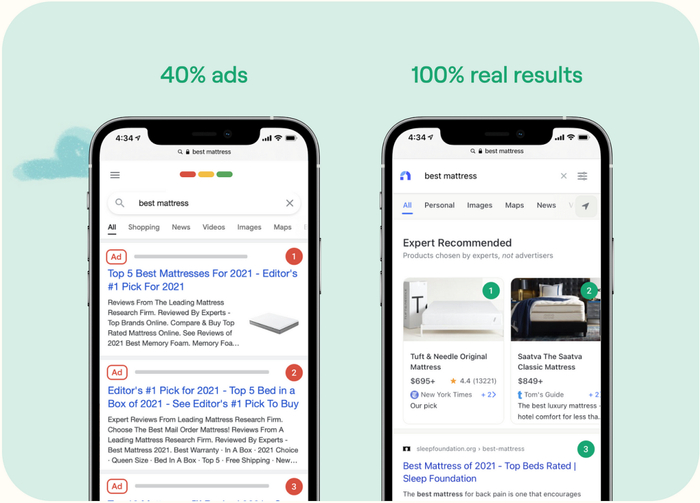 Google（左）和Neeva（右）搜索结果比较，图片来源：Medium
