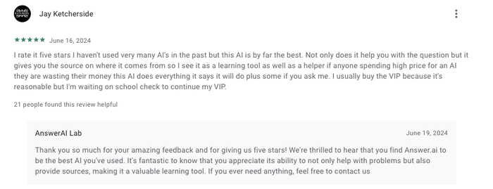 Answer AI用户反馈，图片来源：Google Play