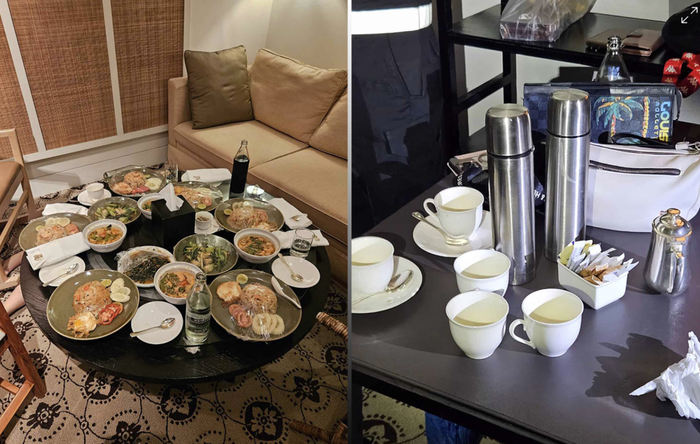 ▲酒店房间内的餐食和水杯