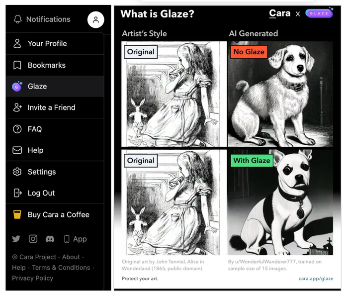 左：带有Glaze工具的Cara侧边栏；右：Glaze“投毒”效果图