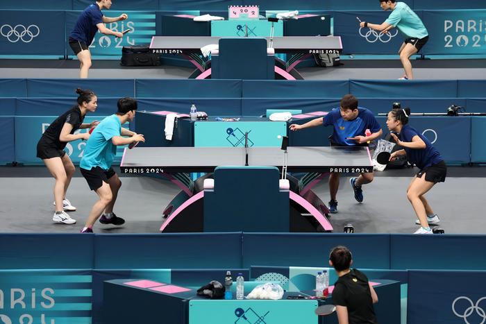 当地时间2024年7月21日，法国巴黎，巴黎奥运会，韩国乒乓球队训练备战。