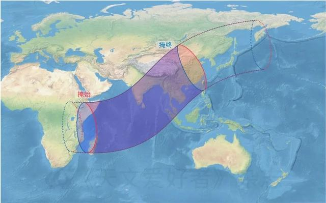7月25日月掩土星掩带示意图，我国除西北地区外都在掩带范围内。（图片来源：天文爱好者杂志）