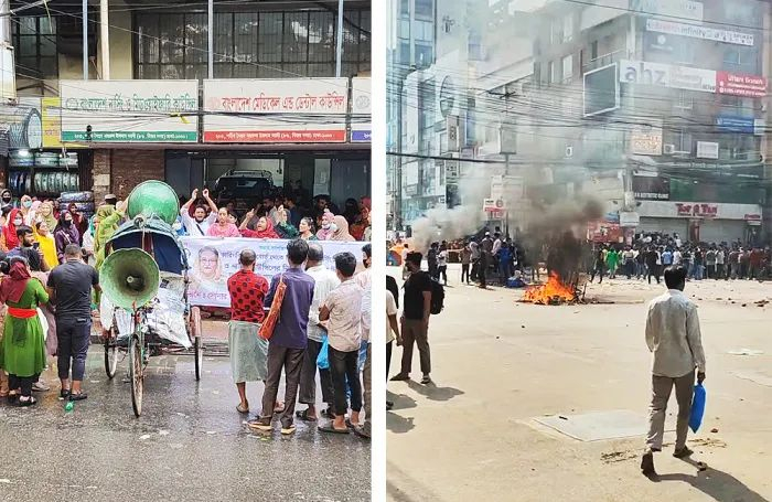 2024年7月9日（左）与7月17日，孟加拉首都达卡街头抗议的人群。（拍摄：蔡瑞玮）