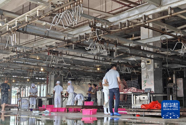 湖南省湘潭市伟鸿食品股份有限公司工人正在分割猪肉。新华社记者 周勉 摄