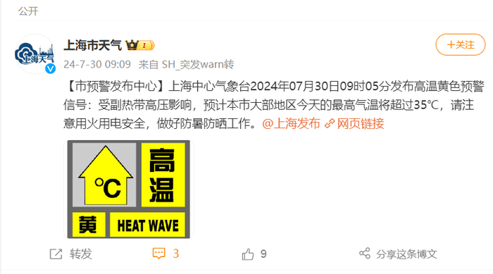 上海中心气象台09时05分发布高温黄色预警