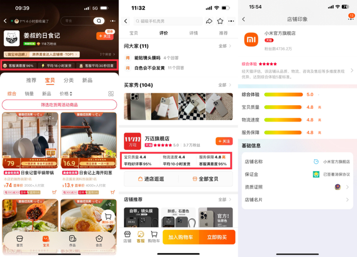 「体验」相关指标的店铺外显