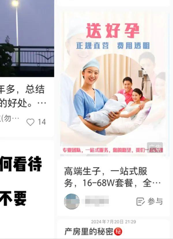 在小红书平台上，记者以“生孩子”为关键词搜索发现的内容。网帖截图