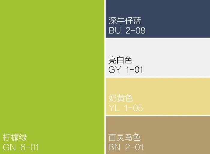 色卡:柠檬绿 深牛仔蓝 亮白色 奶黄色 百灵鸟色在这间卧室中,柠檬绿的