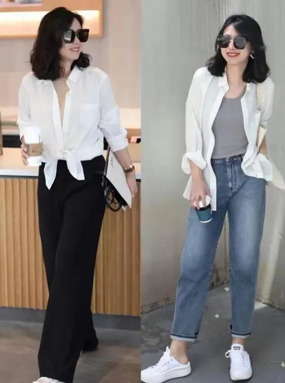"会打扮"的女人都爱这么穿,t恤,衬衫搭配长裤就够,高级洋气