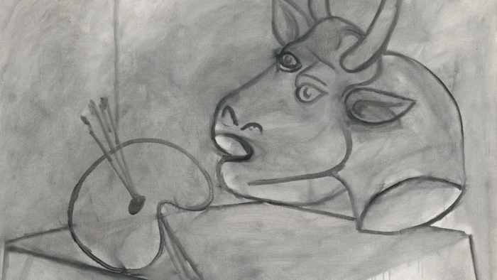 《调色板和牛头》这幅版画是毕加索创作的蚀刻版画,为孤版作品,从技法